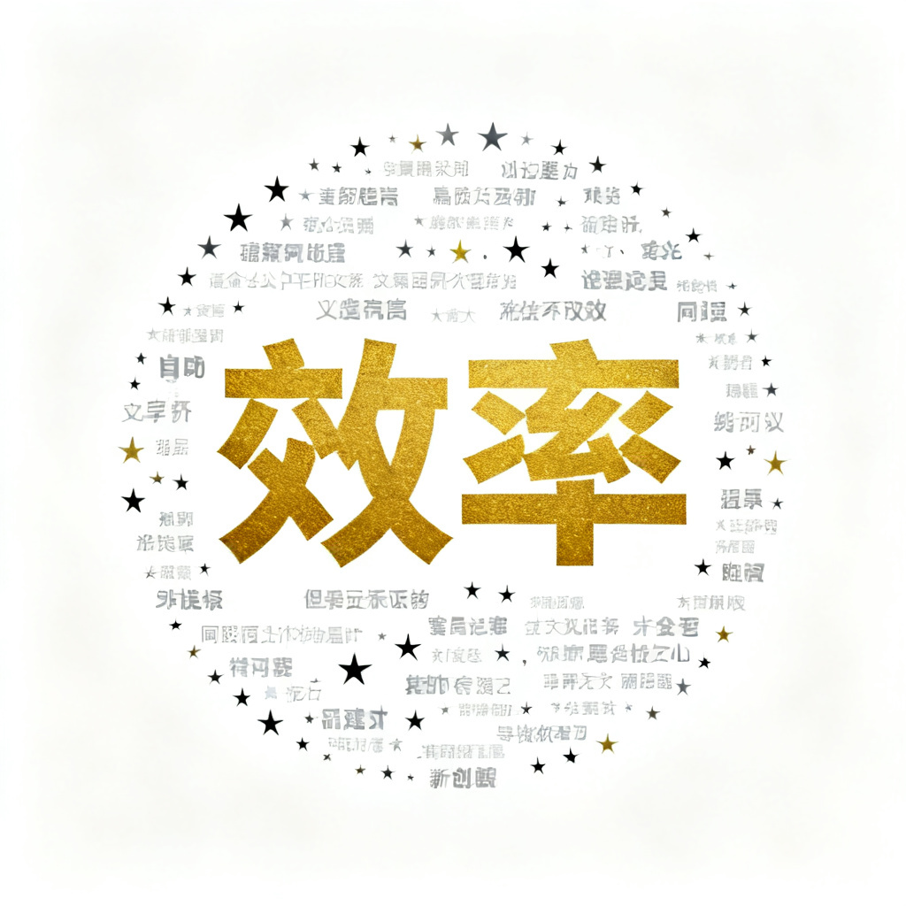极简主义风格的2D文字云，核心词“效率”以金色突出显示，周围文字如星辰般环绕分布，背景为纯白色