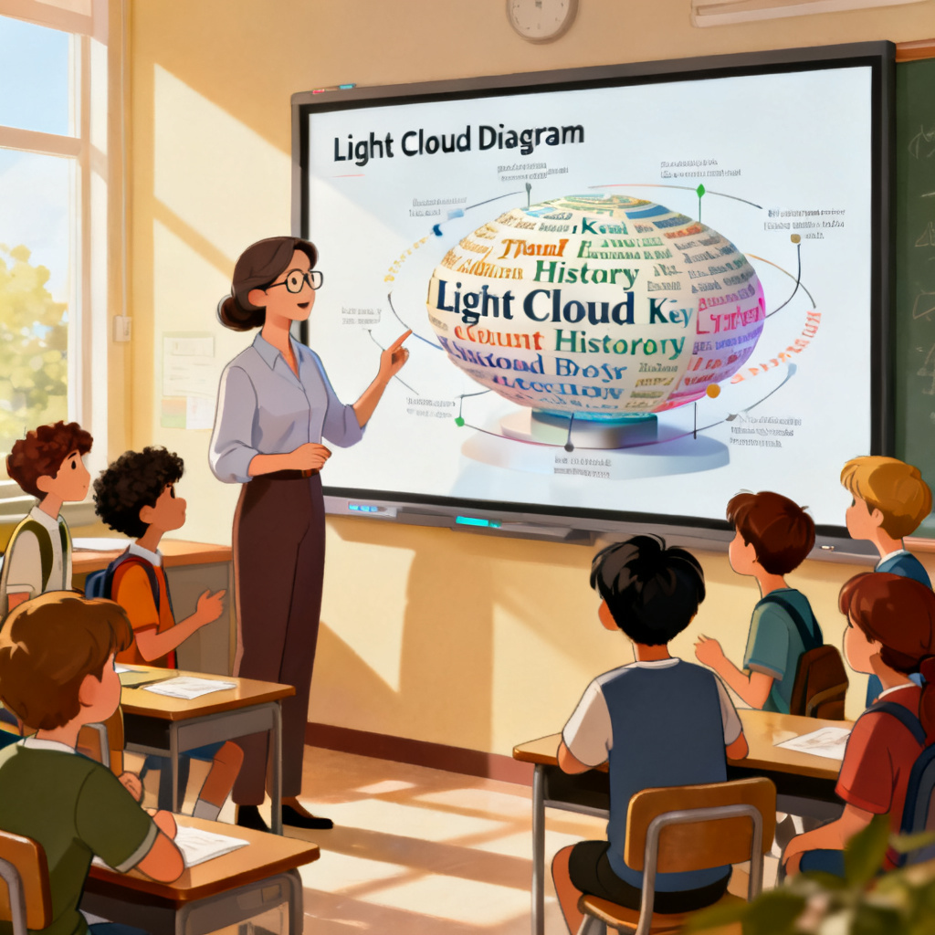 An educational setting with a teacher presenting a 3D word cloud on a smartboard, showing historical key events rotating, with students interacting and discussing, representing classroom use of Light Cloud Diagram