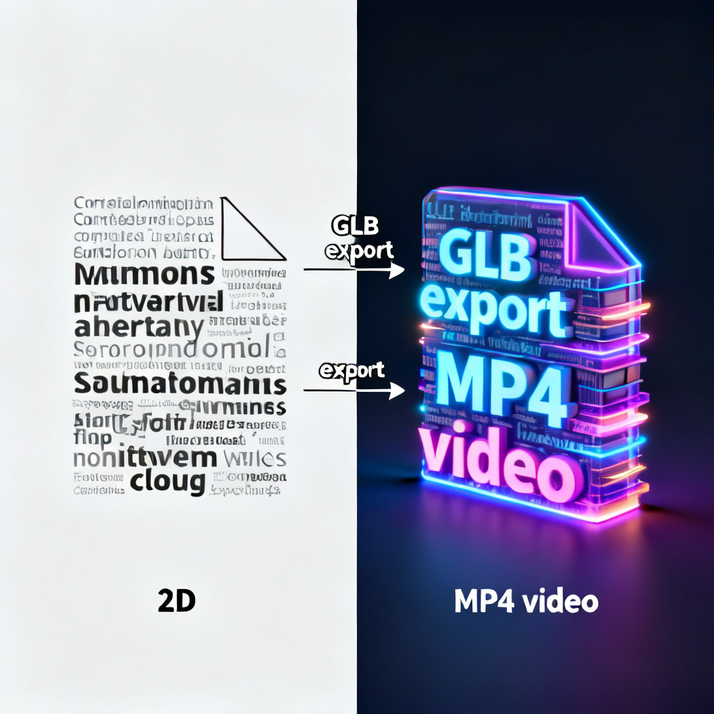 A side-by-side comparison showing a flat 2D word cloud on the left and a vibrant 3D animated word cloud with depth and glowing effects on the right, with arrows pointing out features like "GLB export" and "MP4 video"