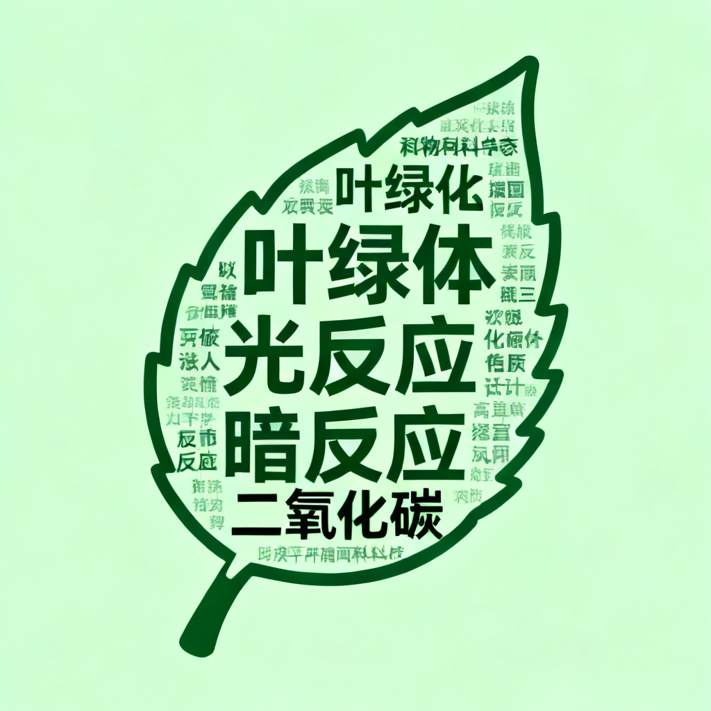 一个2D文字云，形状为树叶，关键词包括“叶绿体、光反应、暗反应、二氧化碳”，背景浅绿，字体深绿，无动画