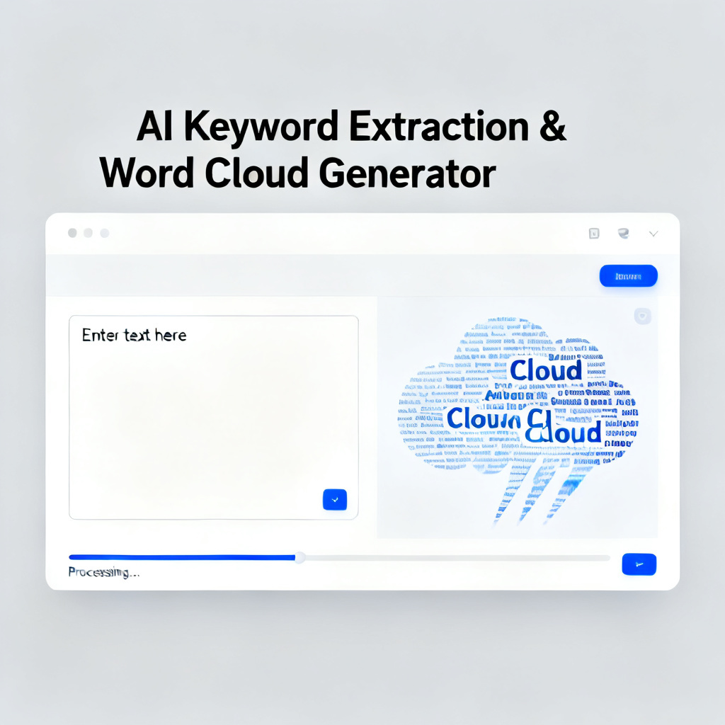 A sleek interface showing AI-powered keyword extraction for word cloud generation, with text input and auto-generated cloud preview, modern and clean design