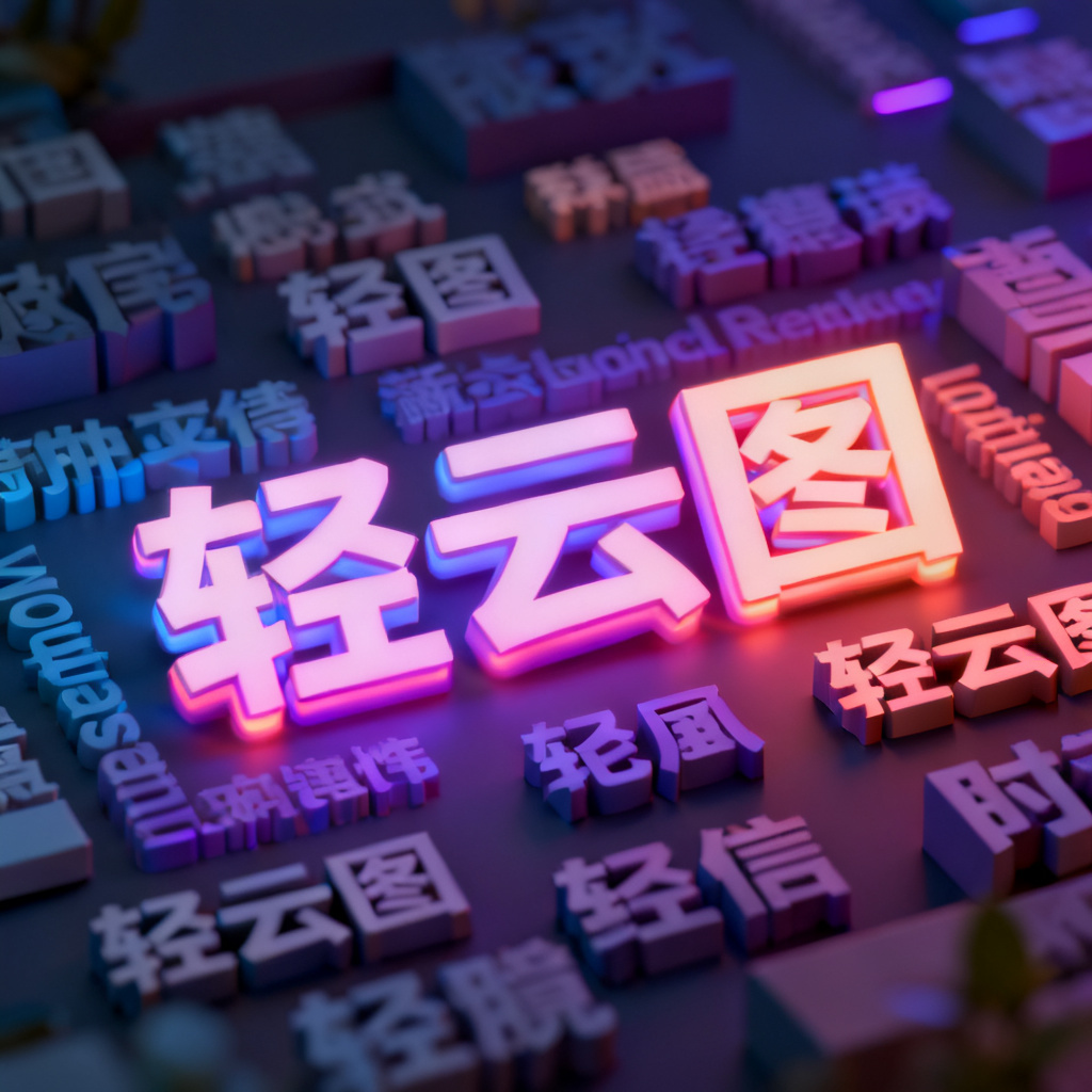 A vibrant 3D word cloud with the word '轻云图' prominently displayed, surrounded by other keywords, glowing effects, cinematic lighting