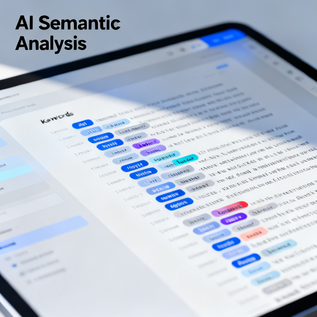 A sleek interface screenshot showing a text document being processed, with keywords highlighted and sorted by size automatically, symbolizing AI semantic analysis.