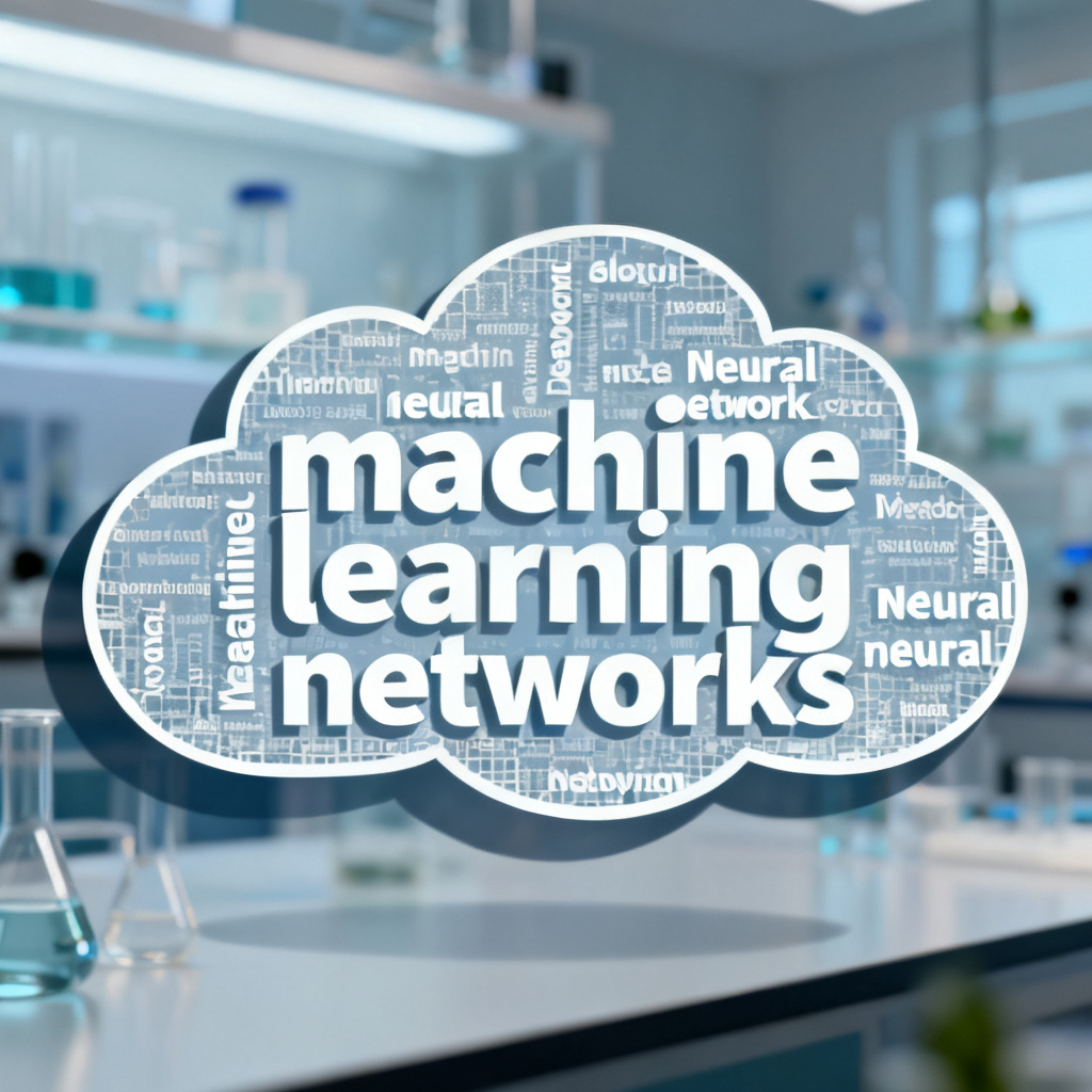 A 2D word cloud in SVG format with transparent background, featuring academic terms like "machine learning" and "neural networks" arranged in a cloud shape, overlaid on a blurred laboratory background, with clean white text and subtle shadow for depth.