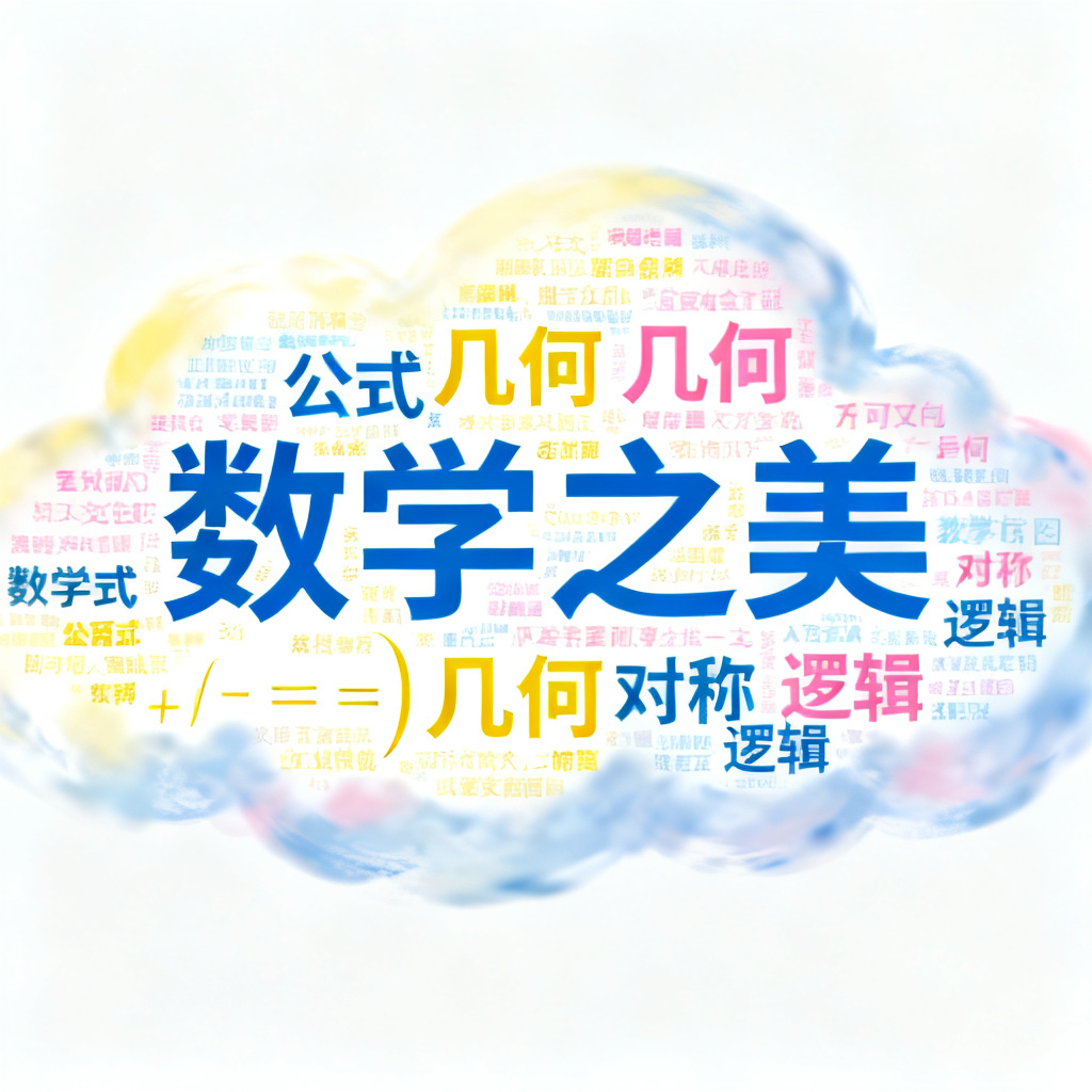 一张轻云图生成的用于教育教学的文字云，主题为“数学之美”，文字排列成数学公式形状，色彩明亮。