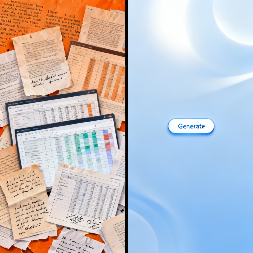 A split-screen comparison: left side shows a messy manual word cloud workflow with text files and spreadsheet tables, right side shows a clean AI-powered interface with a single "Generate" button, symbolizing the efficiency leap