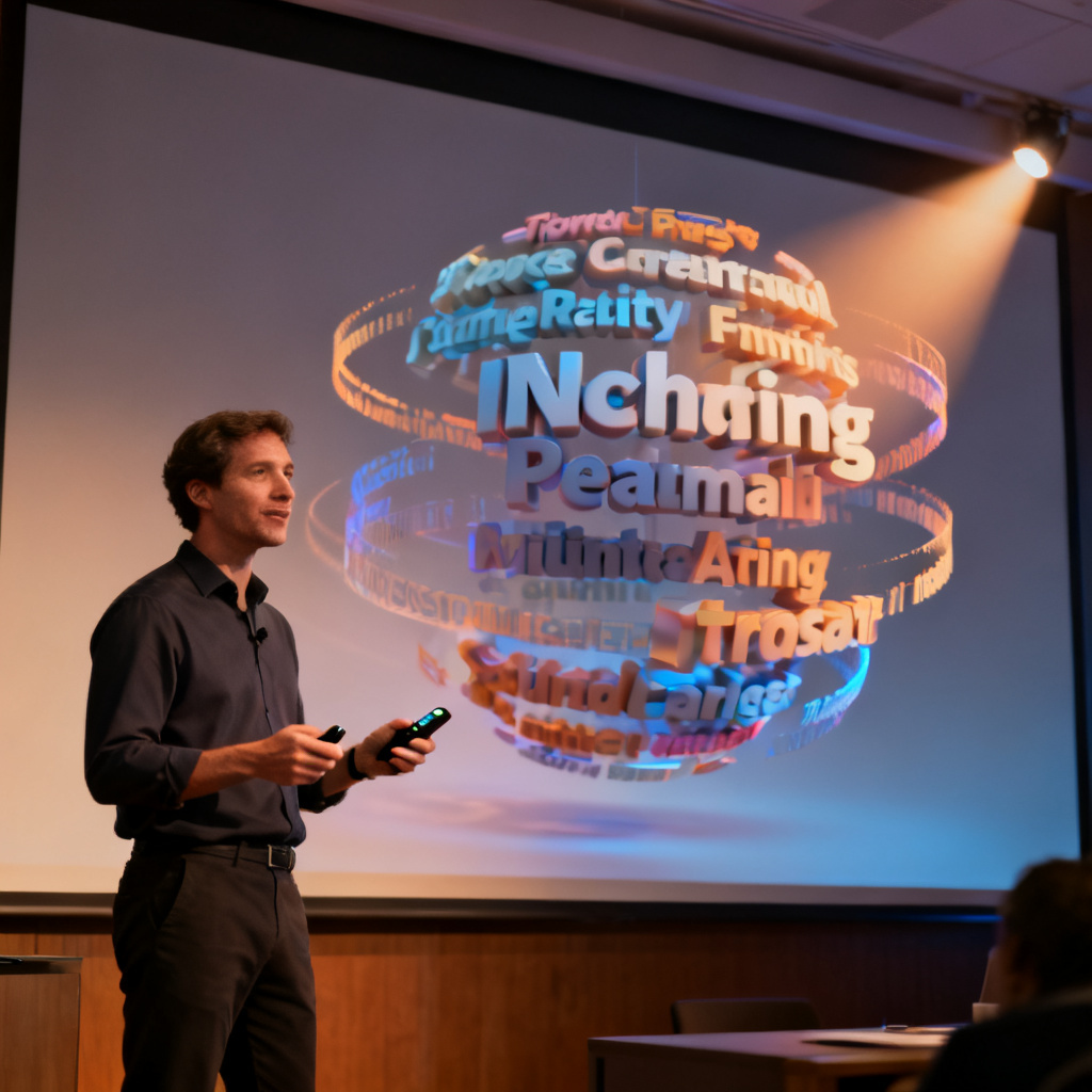 A presenter holding a remote control, with a 3D word cloud floating on a large screen behind them, showing rotating keywords and soft lighting effects.