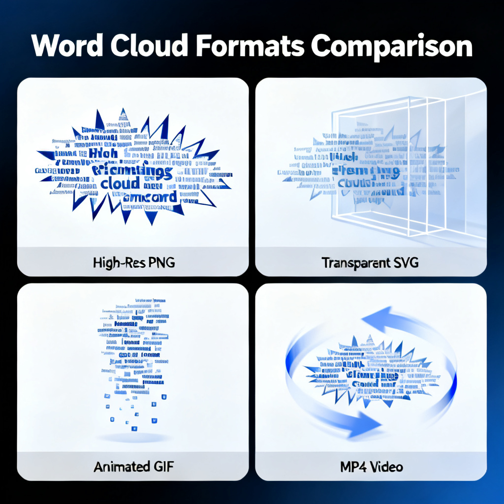 A split view showing a single word cloud rendered in four formats: high-res PNG, transparent SVG, animated GIF with floating words, and MP4 video with rotation effect