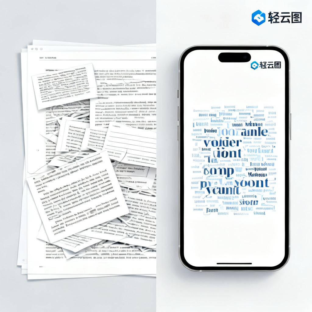 A before-and-after comparison: left side shows a cluttered text file, right side shows a sleek word cloud on a smartphone screen, with “轻云图” logo