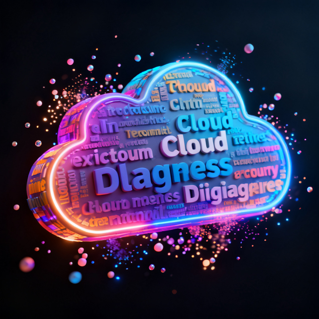 A 3D word cloud generated by Light Cloud Diagram, showing dynamic rotation and particle effects, with vibrant colors and modern design.