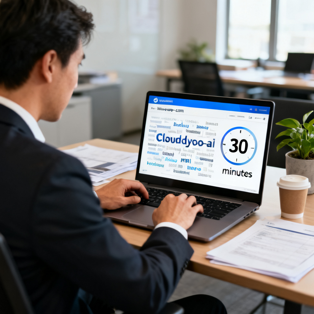 A professional team member urgently using a laptop to generate a word cloud on the cloud.yoo-ai.com interface, with a countdown timer showing 30 minutes on the screen, realistic office setting.