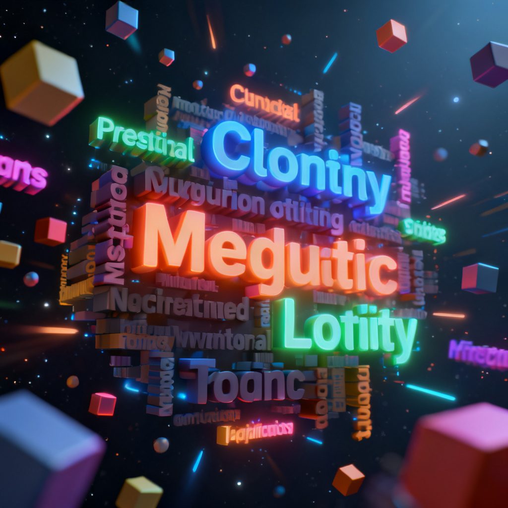 3D word cloud with glowing keywords floating in space, dynamic animation effects, vibrant colors, professional presentation style.