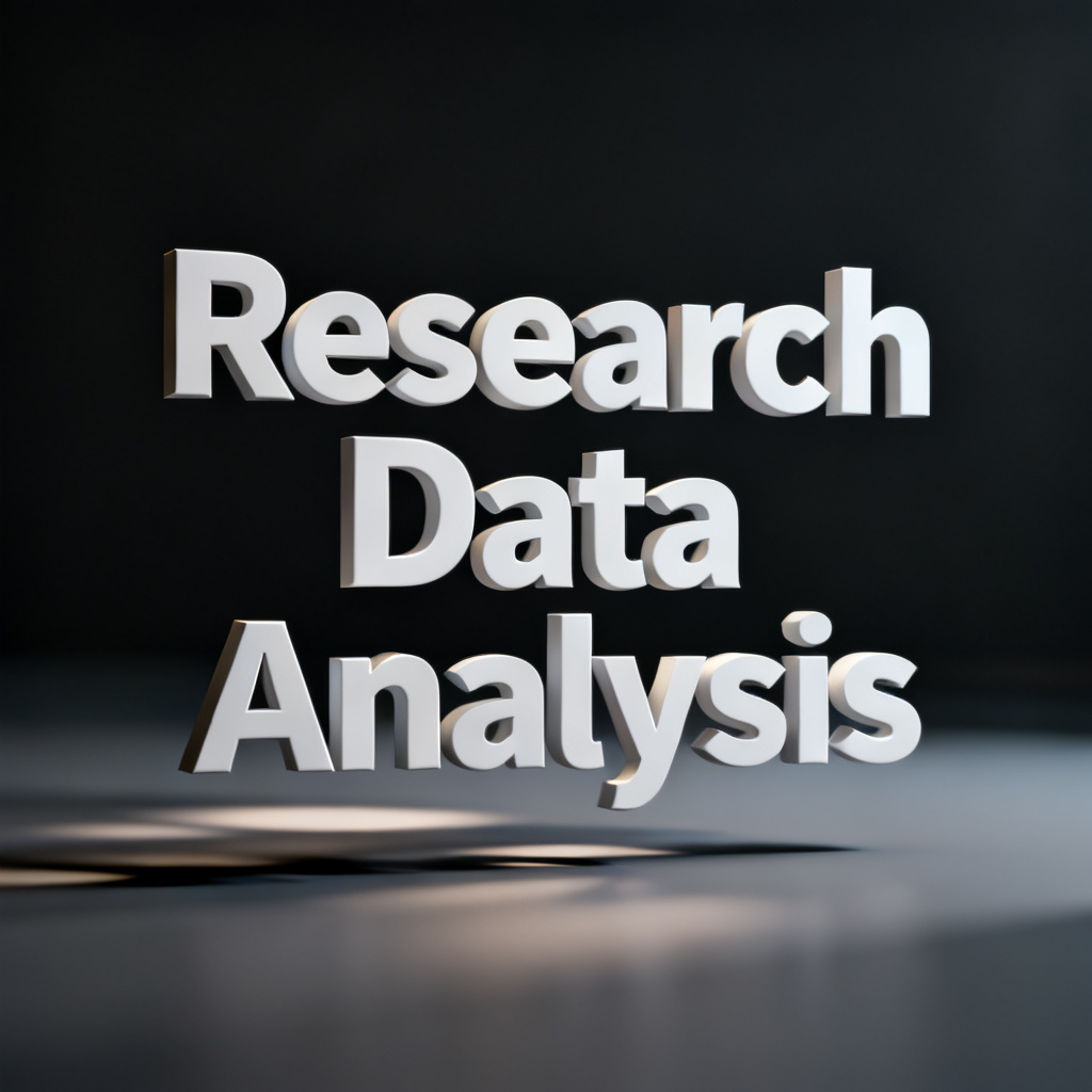 A academic presentation slide with a 3D word cloud model embedded, keywords 'Research', 'Data', and 'Analysis', realistic lighting, dark background with white text, professional slide design