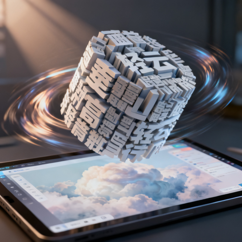 一个3D文字云在屏幕上旋转展示，文字呈立体排列，背景有动态光影效果，下方显示轻云图界面