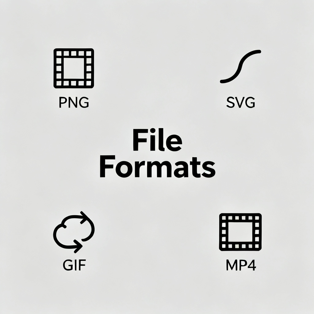 Icons representing PNG, SVG, GIF, MP4 file formats arranged around a central word cloud, minimalist style