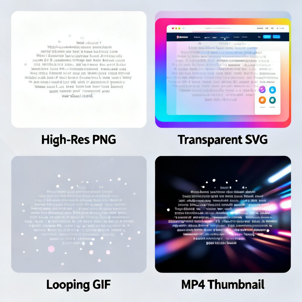 Four panels showing the same word cloud exported in different formats: a high-res PNG with a white background, a transparent SVG over a colorful website layout, a looping GIF with subtle motion, and a video thumbnail for MP4 export. Each panel has a label indicating the format.