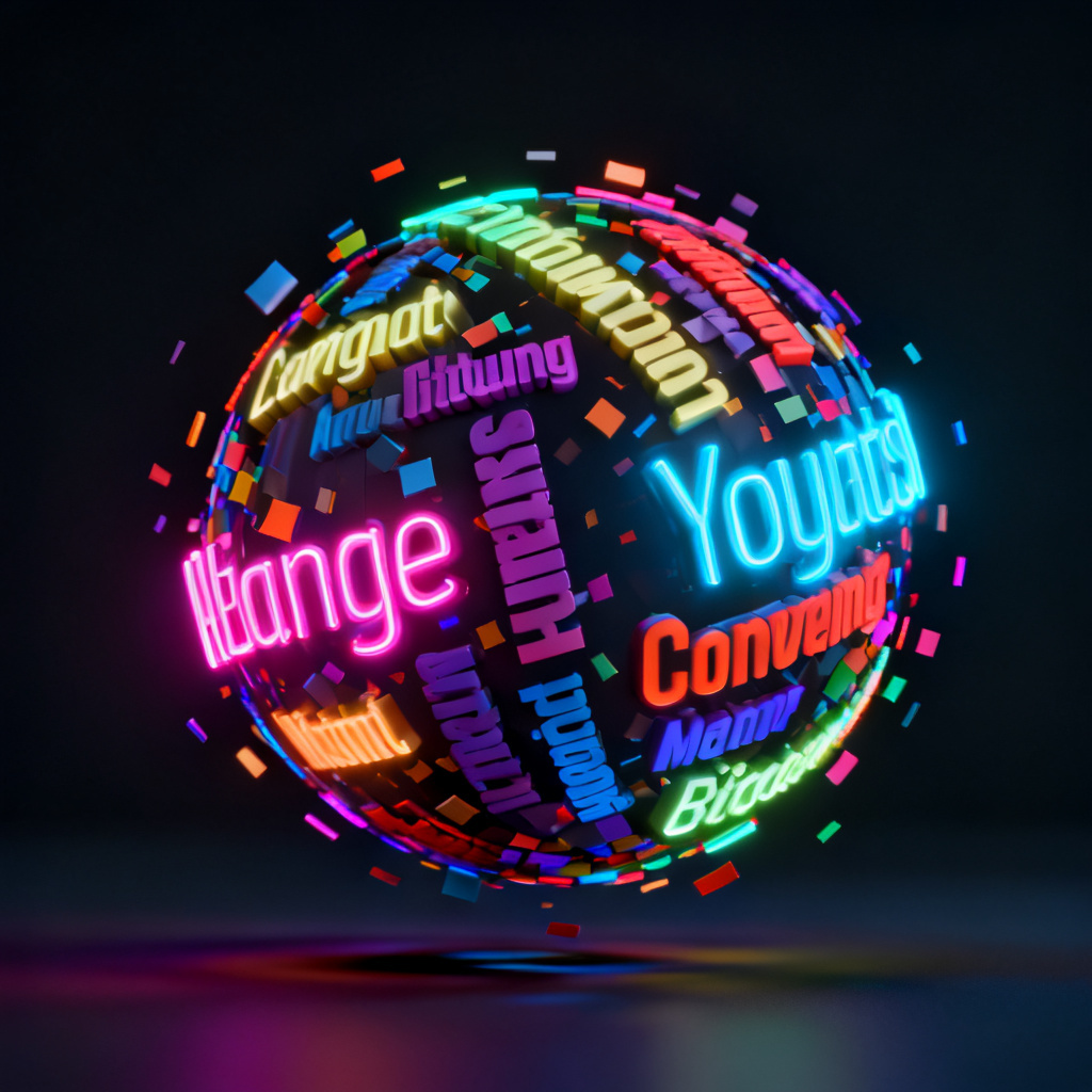 A 3D rotating word cloud with colorful text particles floating in dark background, each word glowing with neon light, cinematic lighting, hyperrealistic