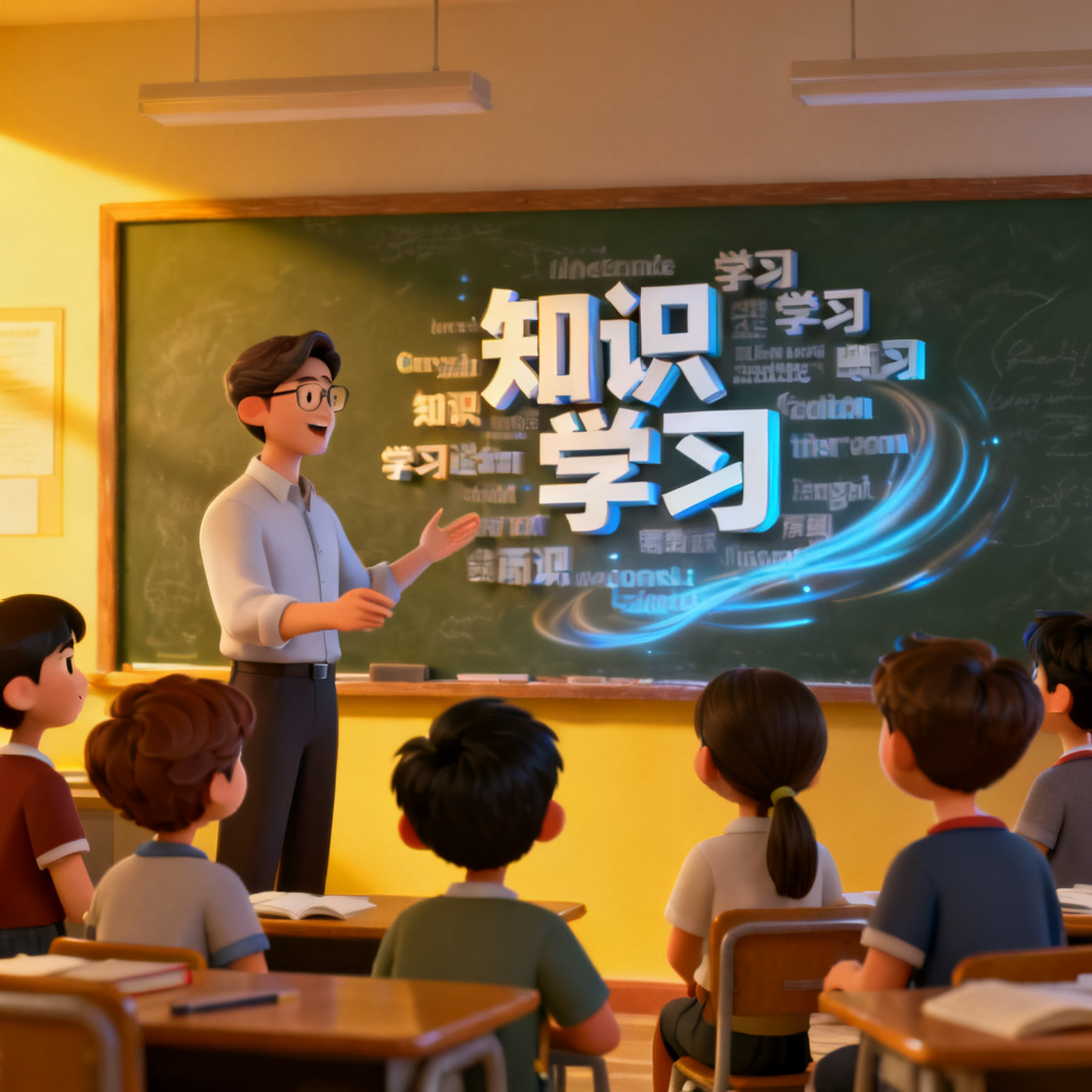 教育工作者在课堂上展示3D文字云,学生围观,黑板背景,文字云包含'知识'、'学习'等词,动画流畅