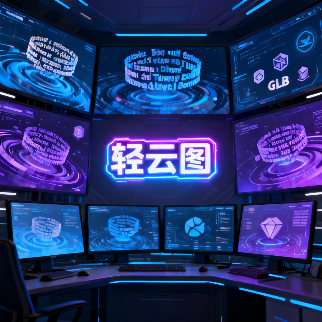 A futuristic data visualization center with multiple screens displaying rotating 3D word clouds, GLB icons, and smooth animations, with a glowing “轻云图” logo at the center