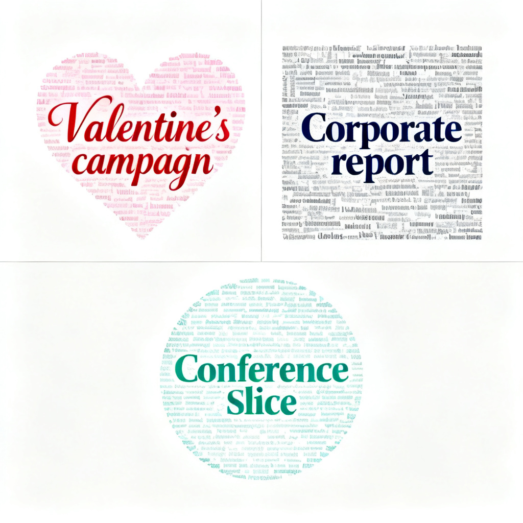 Multiple word cloud examples displayed in a grid: a heart-shaped cloud for a Valentine's campaign, a square cloud for a corporate report, and a circular cloud for a conference slide, each with different color schemes and font styles.
