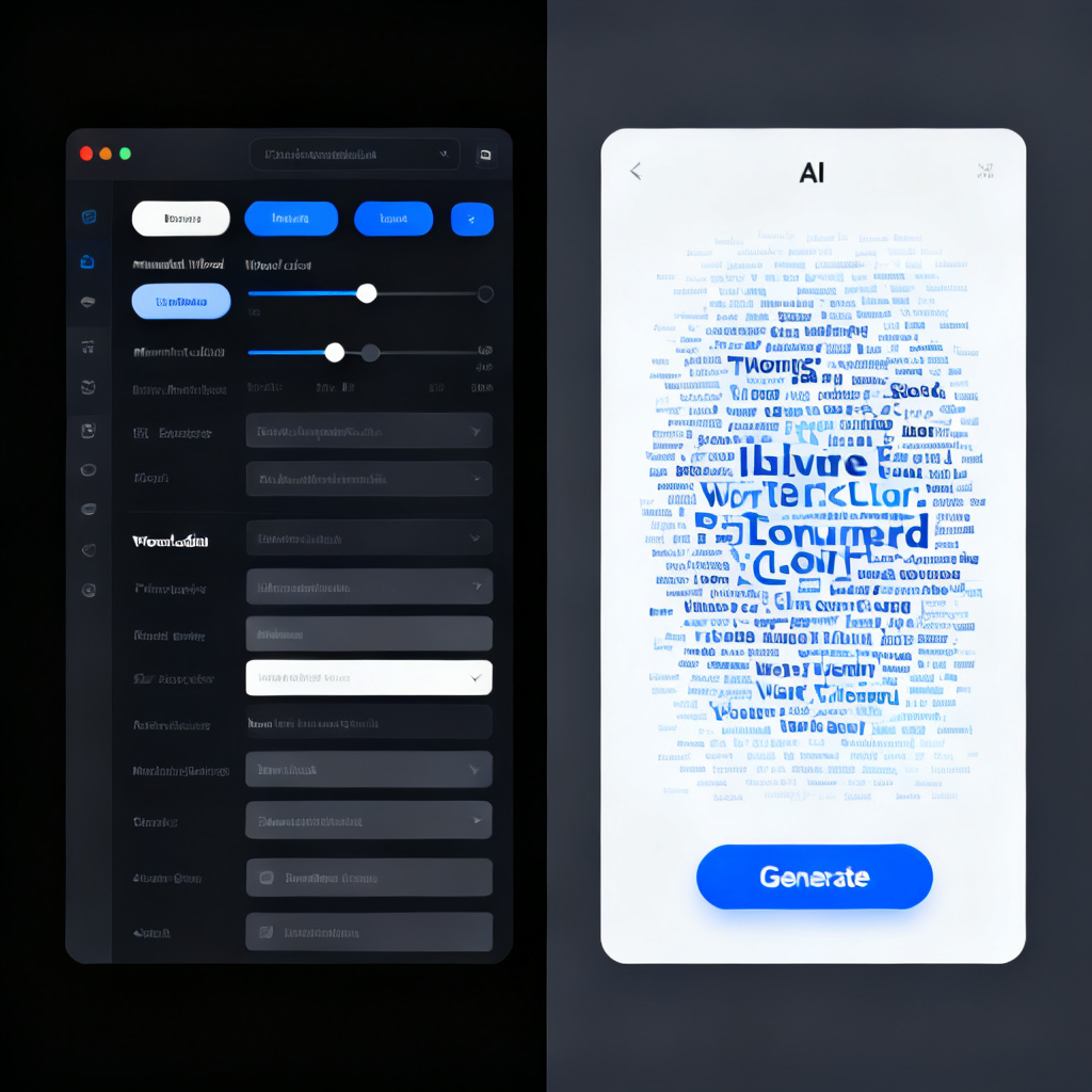 A split-screen comparison: left side shows a complex manual word cloud tool interface, right side shows a simple AI-powered tool with a single 'Generate' button and a stunning result.