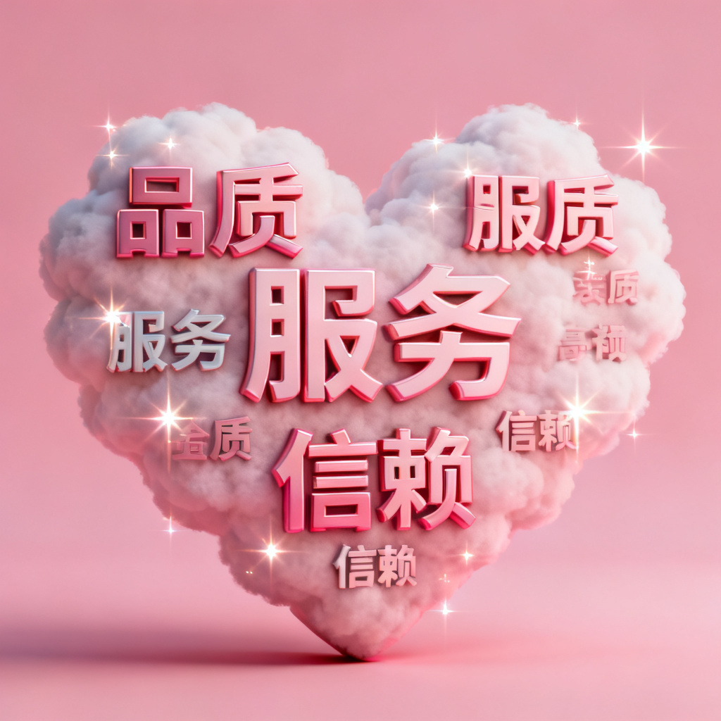 一个3D文字云模型，形状为心形，关键词包括‘品质’、‘服务’、‘信赖’，背景粉色，带有闪烁动画