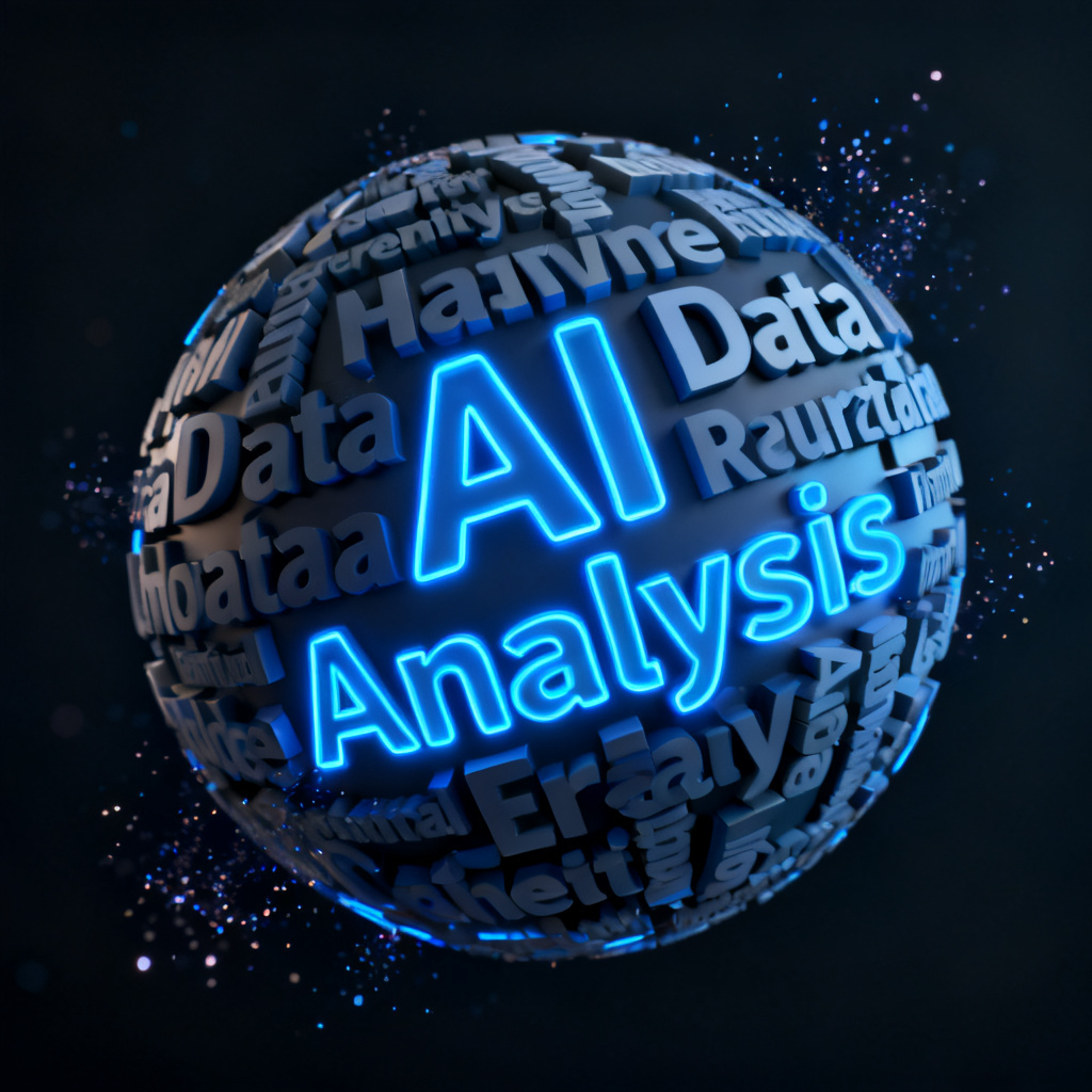 A 3D word cloud in spherical shape, rotating slowly with keywords like "AI", "Data", and "Analysis" highlighted in neon blue against a dark background. The cloud emits subtle particle effects.