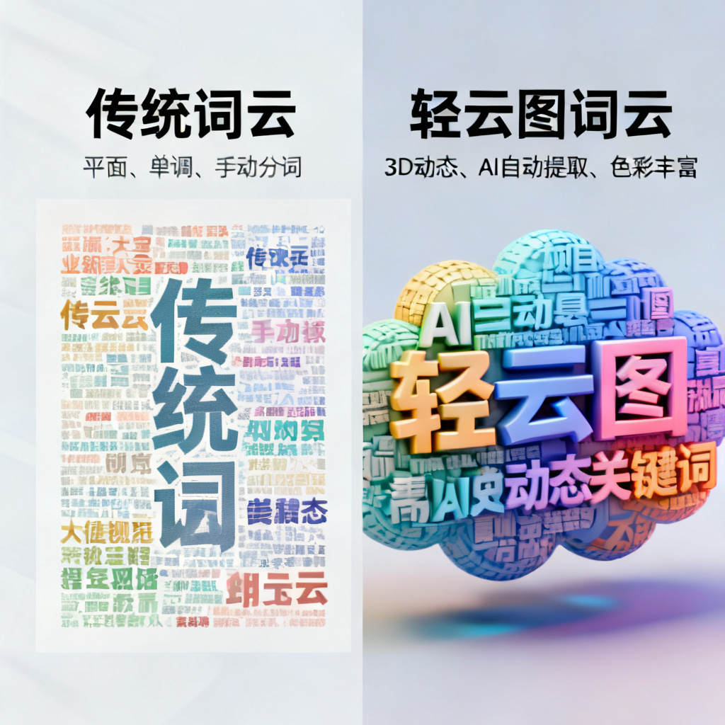 对比图展示传统词云（平面、单调、手动分词）与轻云图词云（3D动态、AI自动提取、色彩丰富）的视觉差异