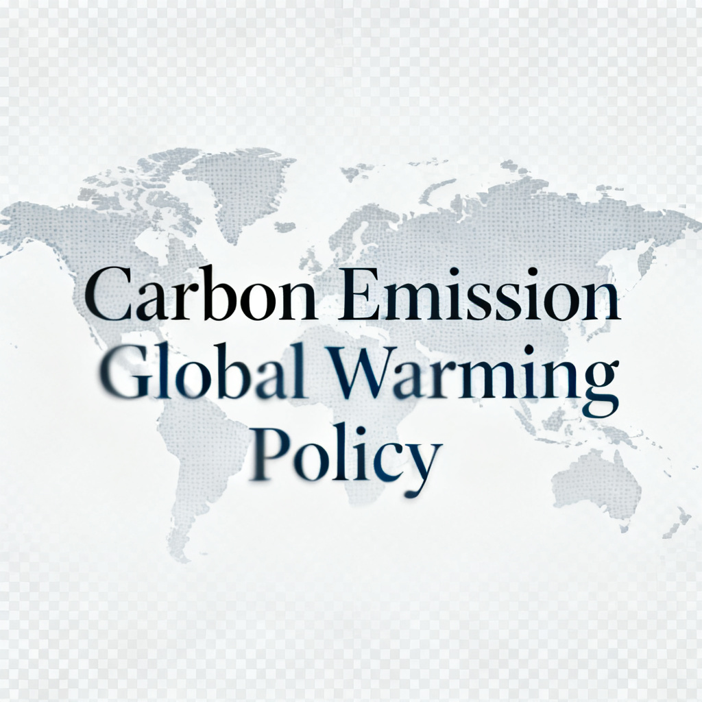 A clean academic presentation slide with a transparent background word cloud overlapping a world map, keywords like "Carbon Emission," "Global Warming," and "Policy" in elegant serif fonts, minimalist design.