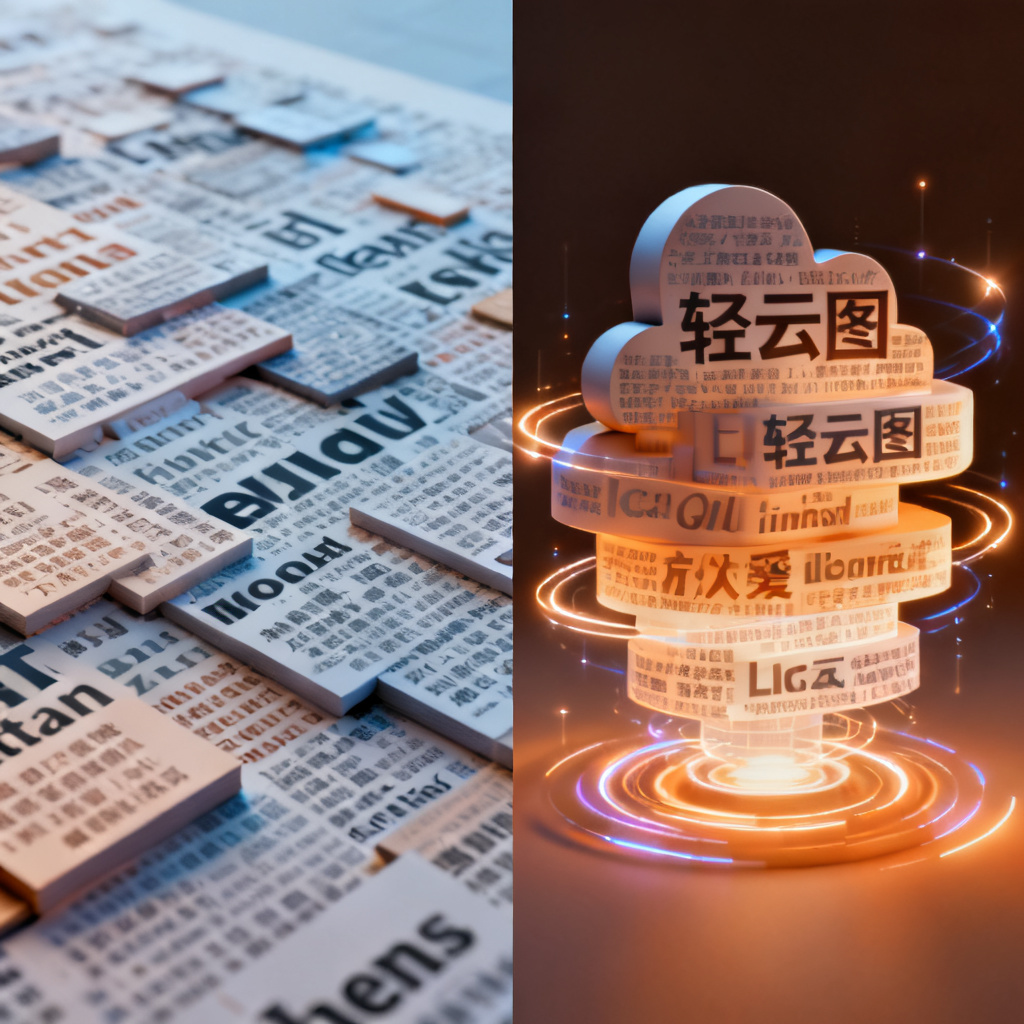 对比图:左侧是传统平面词云,文字杂乱堆叠,颜色单调;右侧是轻云图生成的3D动态文字云,文字按语义权重分层排列,带有光效和旋转动画