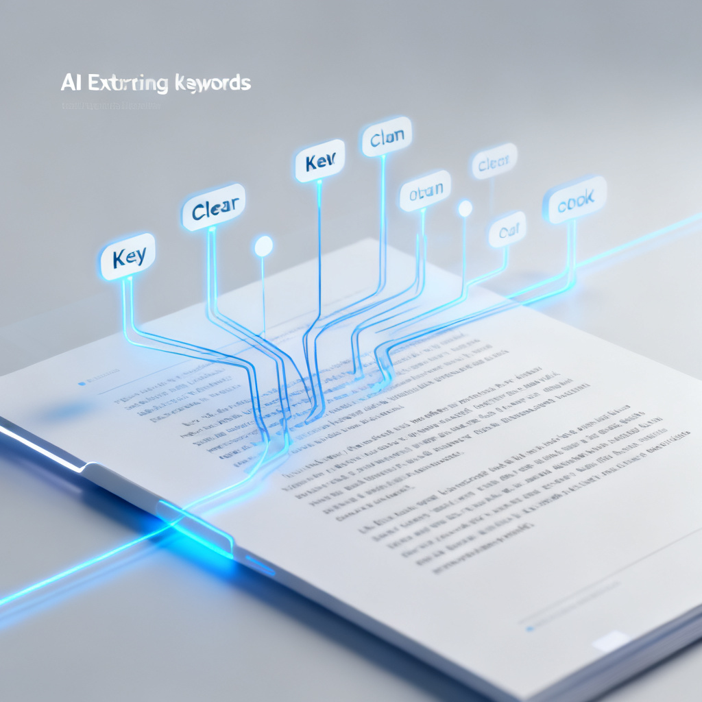 A sleek interface showing AI extracting keywords from a text document, with glowing lines connecting words to a clean word cloud, futuristic and minimalist style.