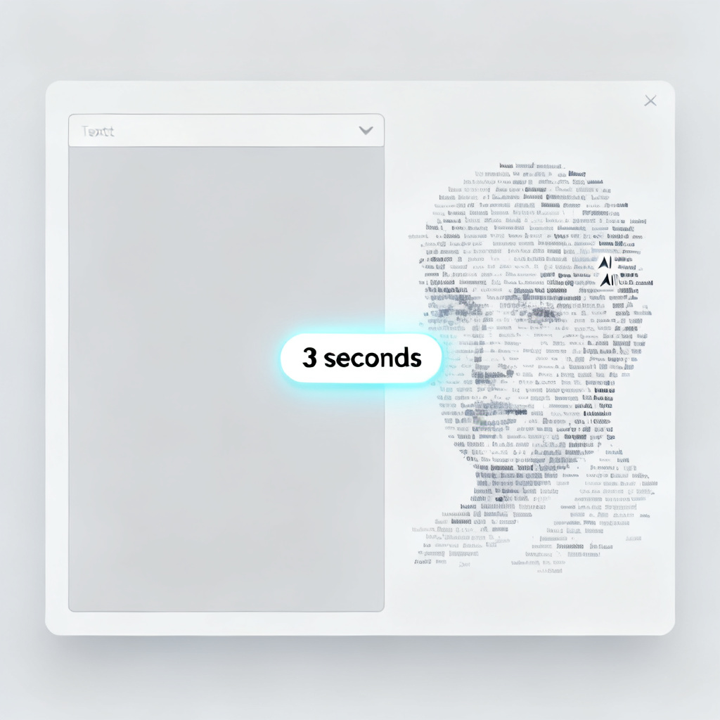 A minimalist interface of a word cloud generation tool showing a text input area on the left and an AI-processed word cloud on the right, with a glowing "3 seconds" label in the center, representing the AI extraction process