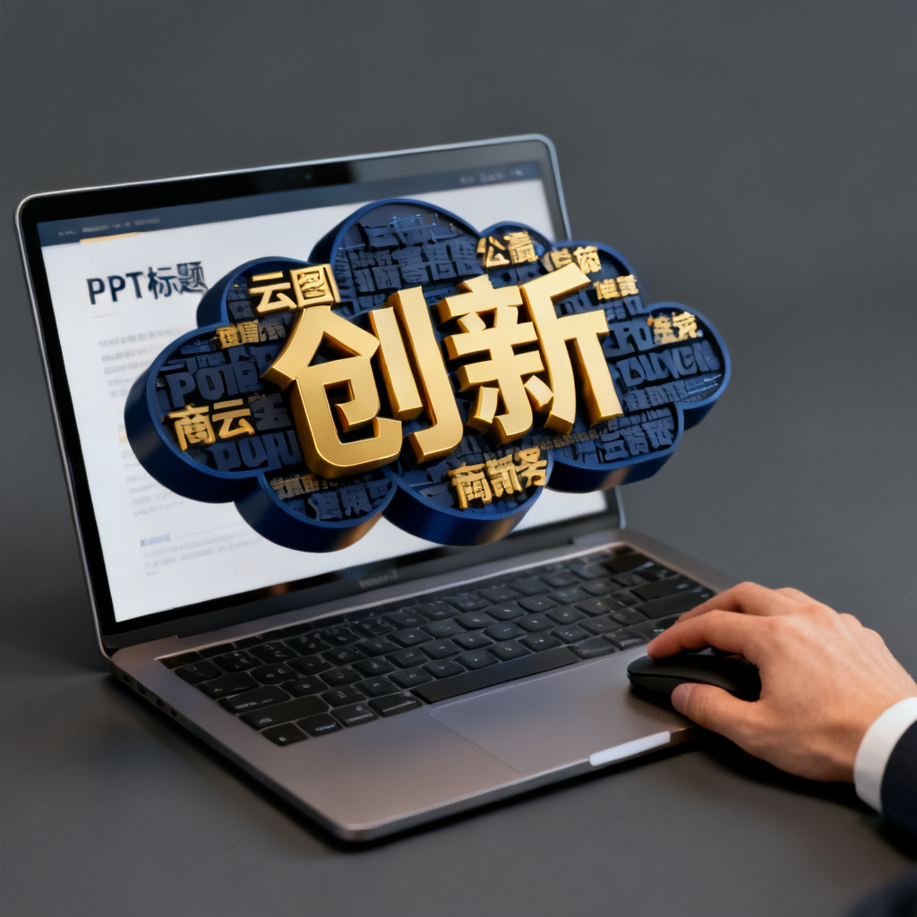 一个笔记本电脑屏幕中,轻云图生成的3D文字云被嵌入到PPT的标题页中,文字云以金色和深蓝色为主,核心词“创新”悬浮在最前方,PPT背景为深灰色商务风格,屏幕外的键盘上有一只手正在操作鼠标