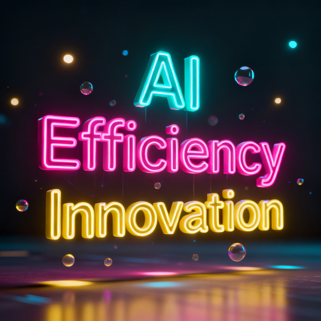 A 3D word cloud with dynamic lighting effects, floating in a dark background, words like "AI", "Efficiency", "Innovation" glowing in neon colors