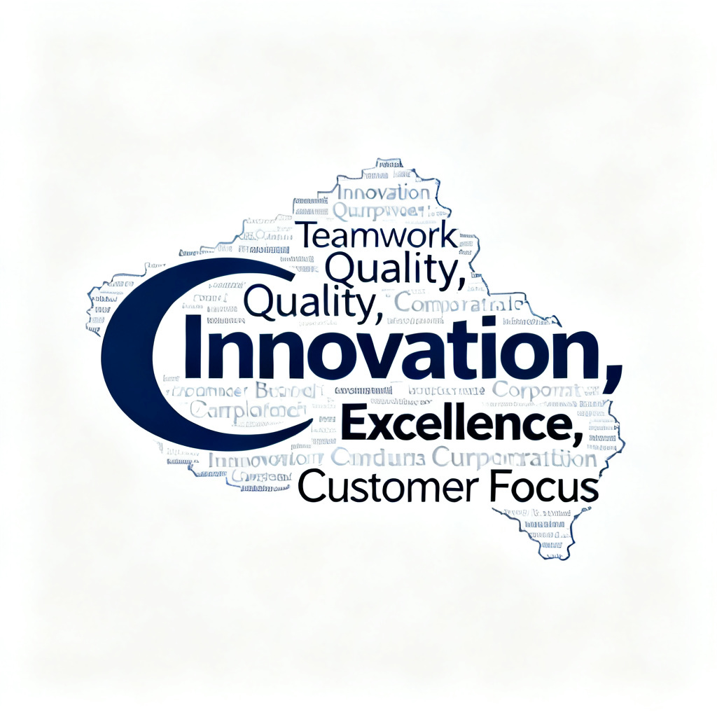 A word cloud in the shape of a company logo, with text arranged to form the exact shape, corporate branding style