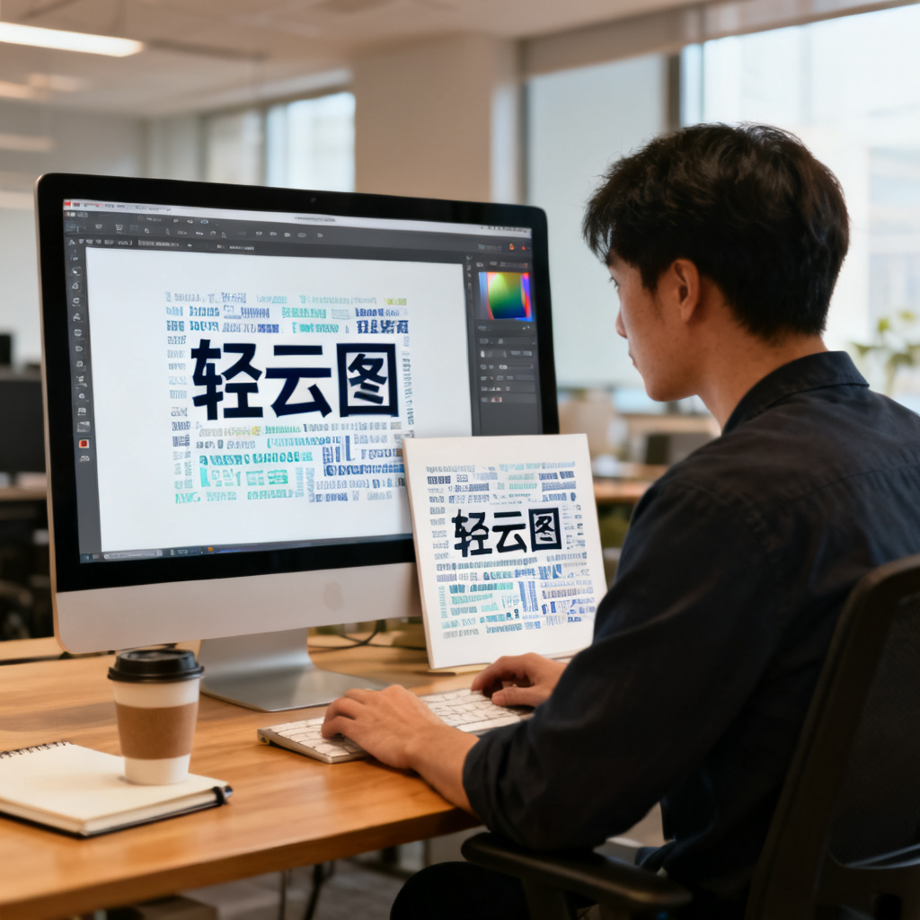 一位新媒体编辑在电脑前工作，屏幕上显示轻云图界面，旁边是已经生成的词云，背景是办公室环境，桌面有咖啡杯和笔记本