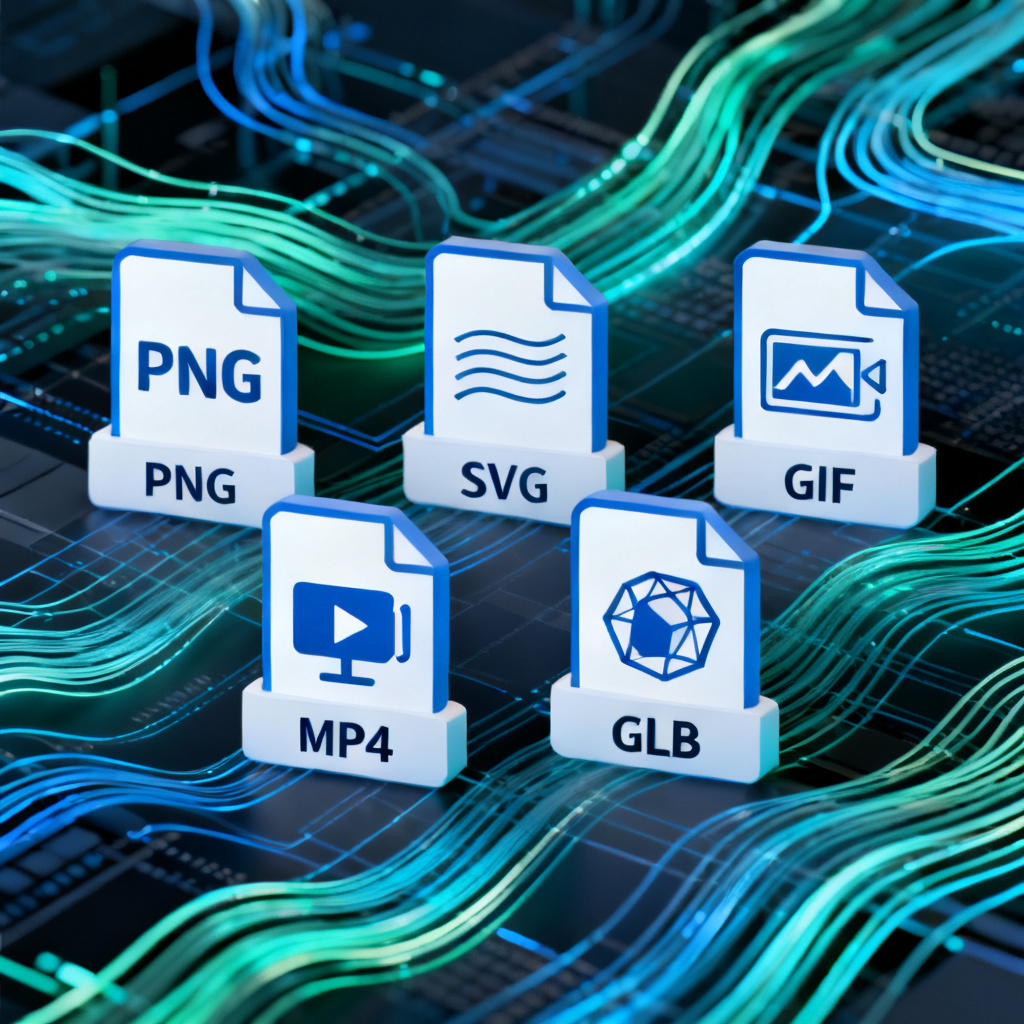 轻云图的多格式导出图标阵列,包括PNG(带透明通道)、SVG(矢量线条)、GIF(循环动画)、MP4(视频播放器图标)和GLB(3D模型预览),背景为抽象数据流线条