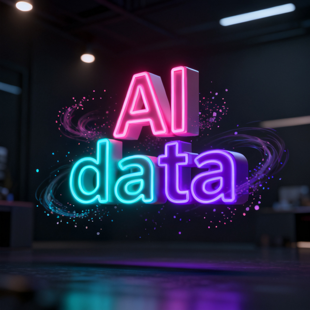 A 3D word cloud floating in a dark room, with animated particles swirling around, words like 'AI' and 'data' highlighted in neon colors