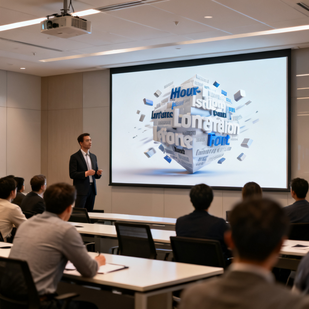 A professional presenting a 3D word cloud on a large screen in a conference room, audience engaged, modern office setting