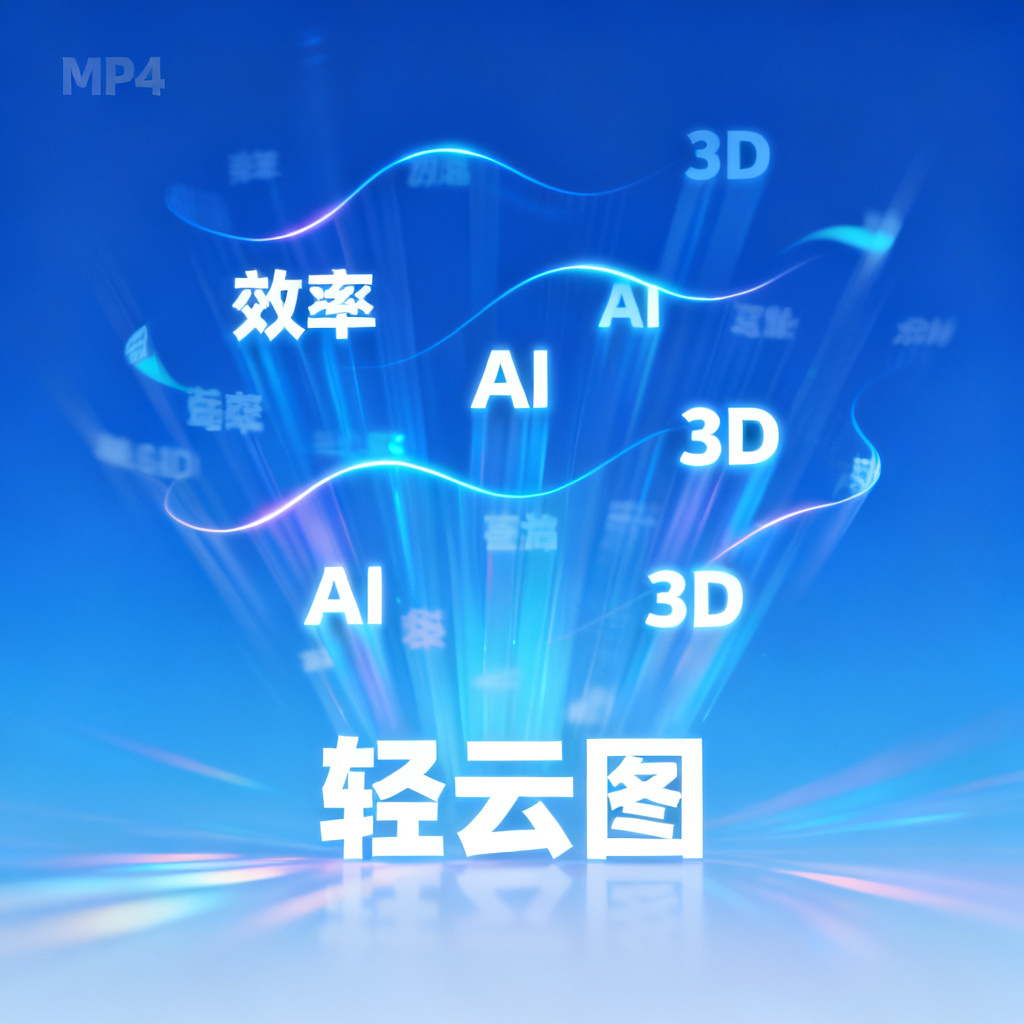 一个MP4视频片段截图，文字云以动态GIF形式展现，关键词“轻云图”从底部向上飞出，周围“效率”“AI”“3D”等词以波浪形式排列，背景为渐变蓝色，文字带有发光效果