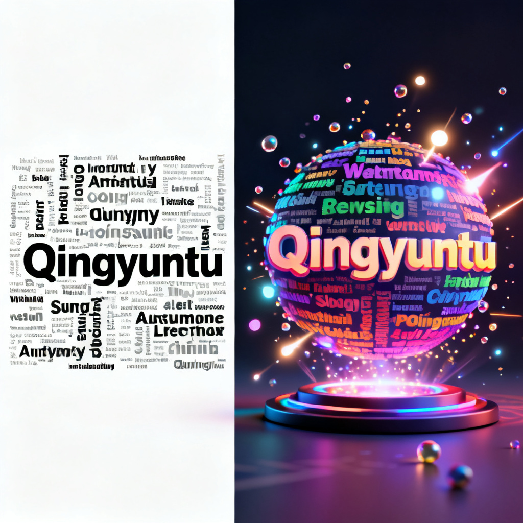 A side-by-side comparison: left side shows a boring, flat, black-and-white word cloud. Right side shows a vibrant, 3D animated word cloud with particles floating around, created by Qingyuntu, glowing and dynamic.