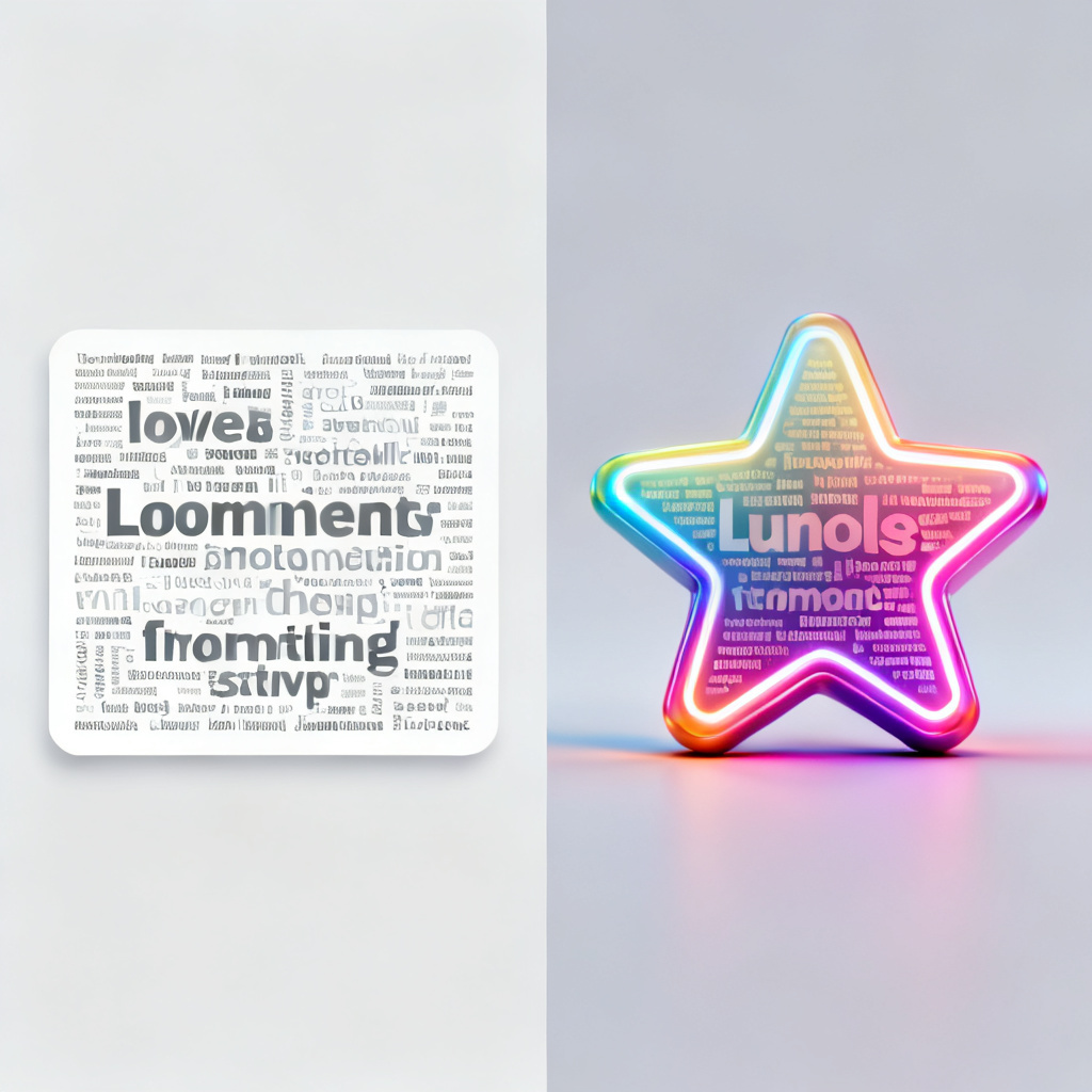 A split-screen comparison: left side shows a traditional 2D word cloud in plain rectangle shape, right side shows a vibrant 3D word cloud in custom star shape with gradient colors and glowing edges