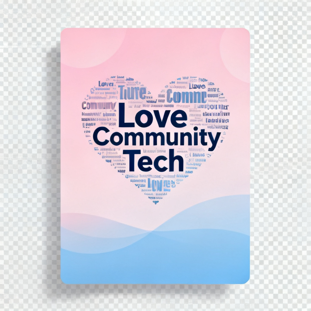 A social media post template with a transparent background word cloud in the shape of a heart, keywords 'Love', 'Community', and 'Tech', pastel pink and blue colors, clean modern design, high resolution