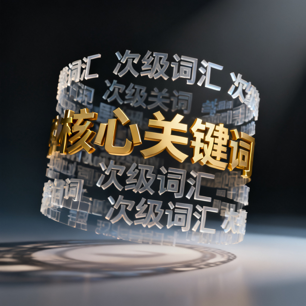 一个3D文字云在虚拟空间中旋转，核心关键词以金色字体突出显示，次级词汇以半透明方式分布在周围，背景是深色渐变，光影效果明显