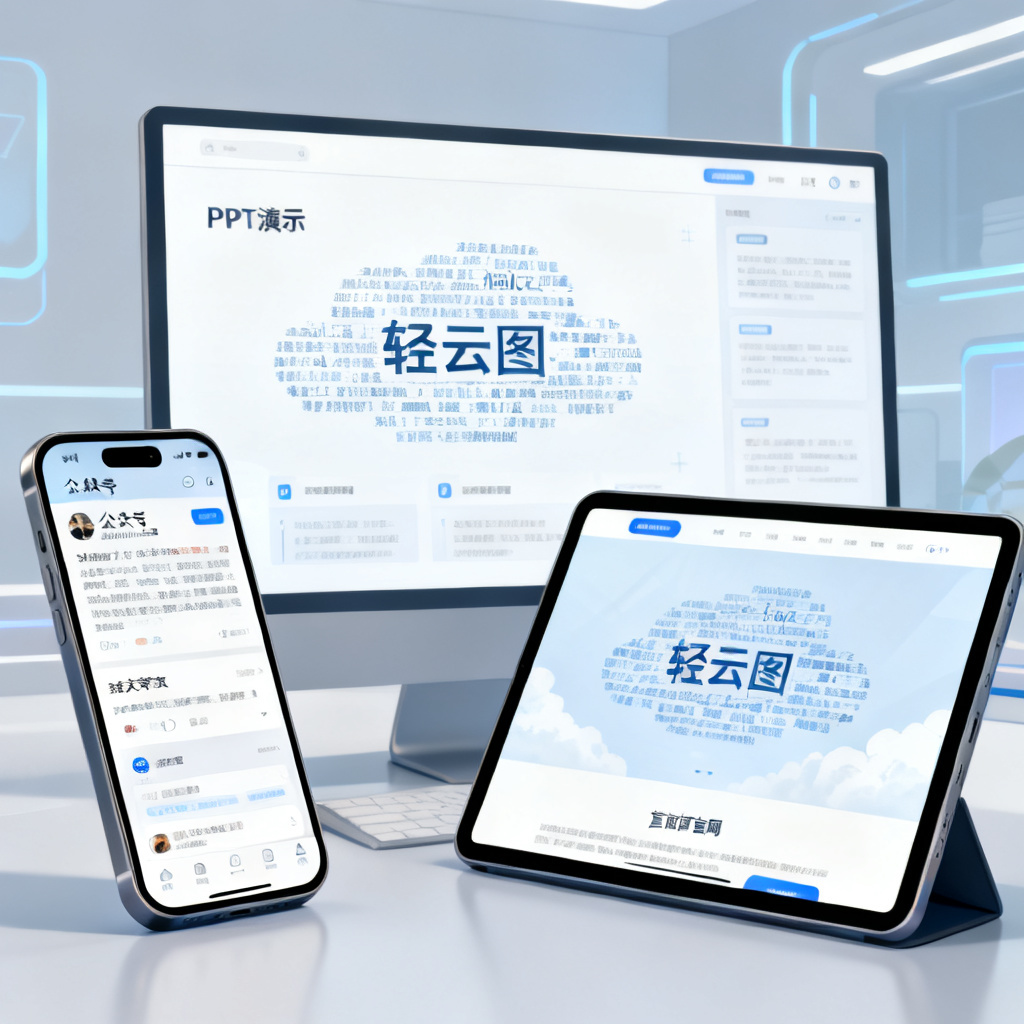 手机屏幕显示公众号推文，电脑屏幕显示PPT演示，平板显示官网，三者都展示轻云图生成的文字云