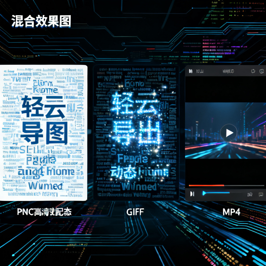 一张混合效果图，左侧显示轻云图导出PNG格式的高清静态词云，中间显示导出GIF格式的动态词云（词语在闪烁变化），右侧显示导出MP4格式的视频播放界面，背景为技术感线条与数据流
