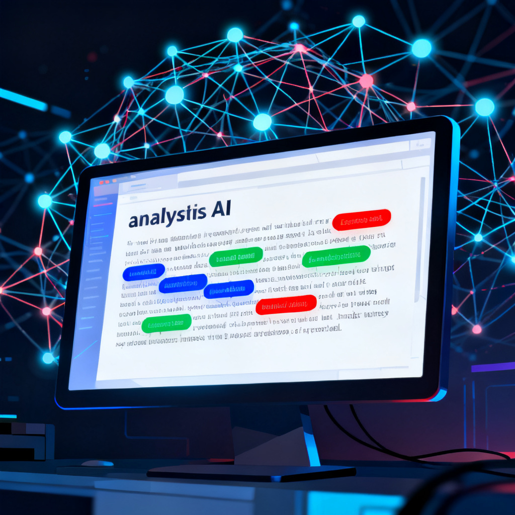 AI analyzing text on a screen, keywords highlighted with different colors, neural network visualization in background