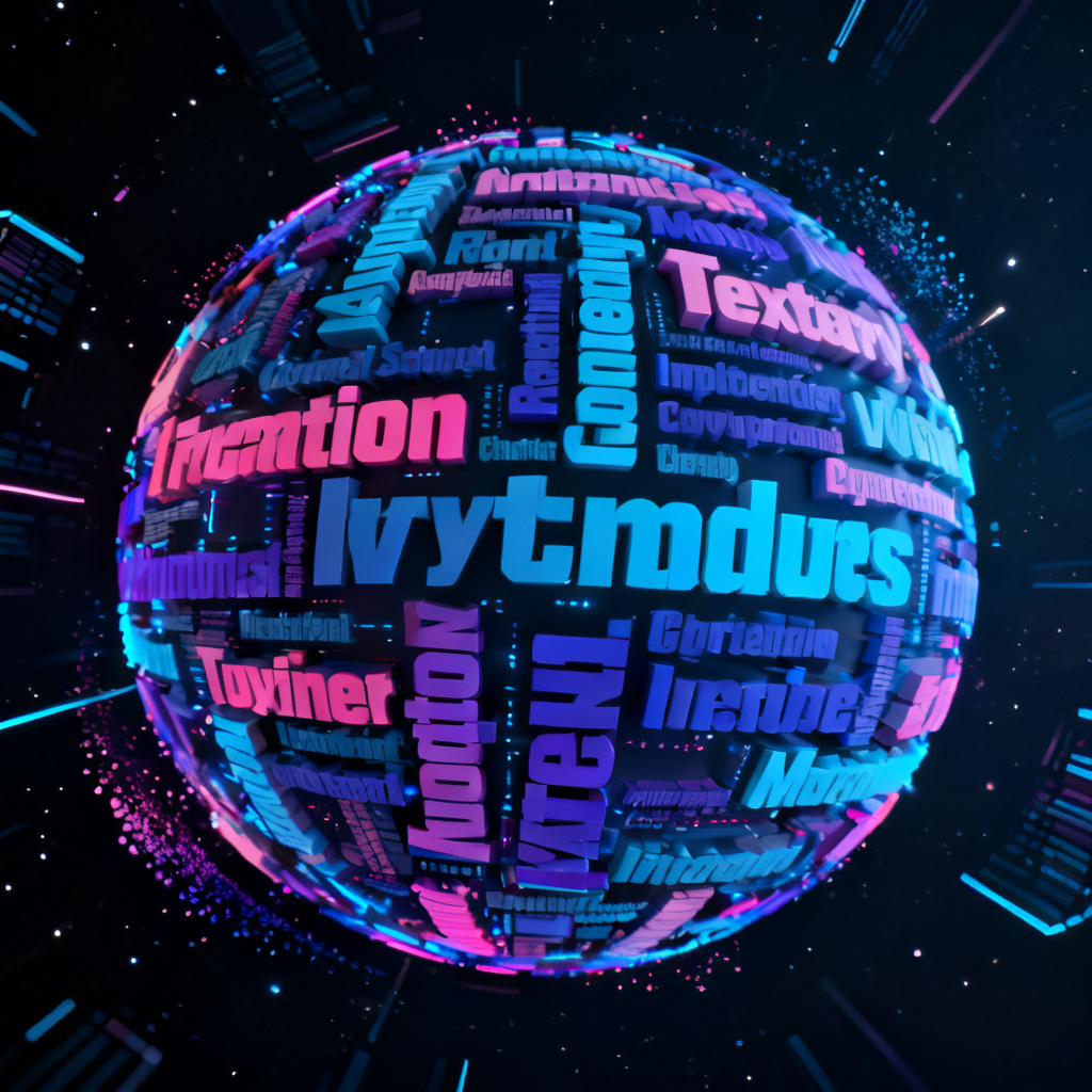 A dynamic 3D word cloud with vibrant colors, floating in a dark digital space. Words of varying sizes are arranged in a spherical shape, with subtle rotation and particle effects. The style is futuristic and high-tech, suitable for a keynote presentation backdrop.