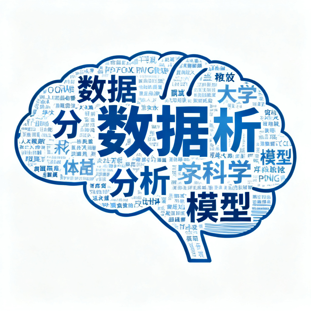 学术风格文字云，关键词“数据”“分析”“模型”组成大脑形状，蓝色调，高清PNG