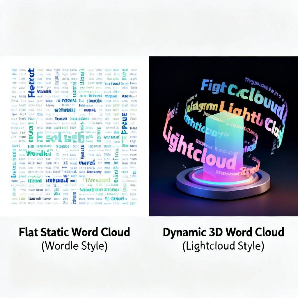 Side-by-side comparison of a word cloud: left side shows flat, static word cloud (Wordle style), right side shows dynamic 3D word cloud with animation (lightcloud style), labeled for clarity.